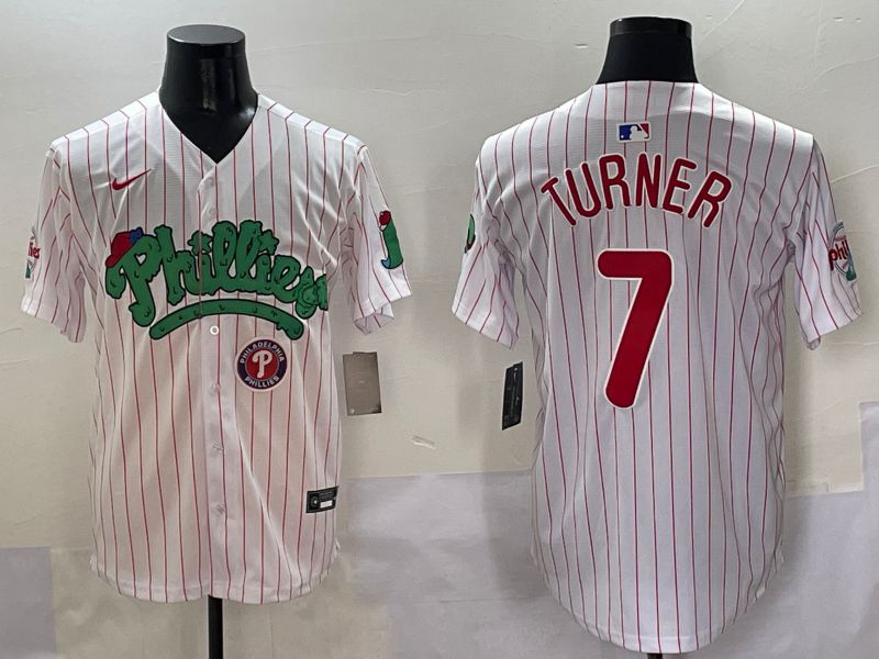 Men Philadelphia Phillies #7 Turner Stripe Red Four generations Joint Name 2025 Nike MLB Jersey style 6->women mlb jersey->Women Jersey